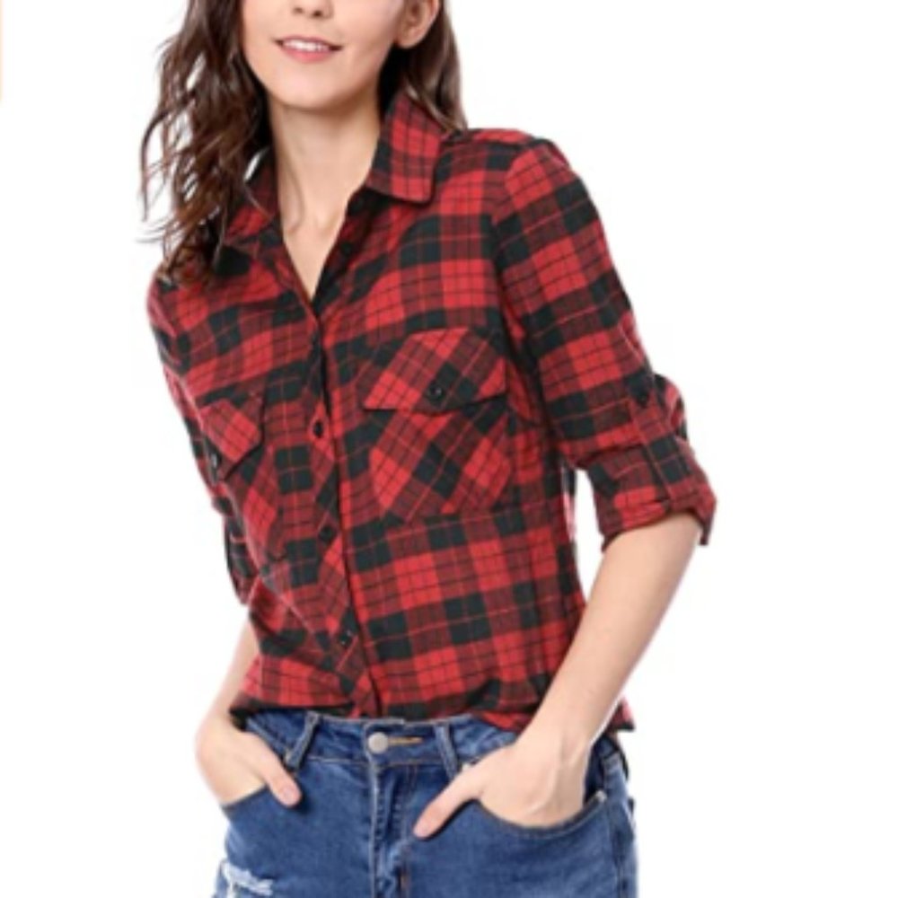 Allegra K Women's Roll Up Sleeves Vintage Shirt L